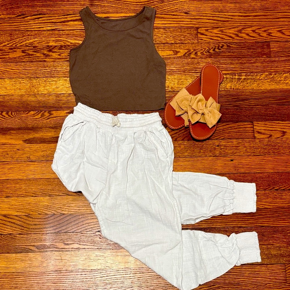 Ocean Drive Light Beige Jogger Pants with Smocked Ankles